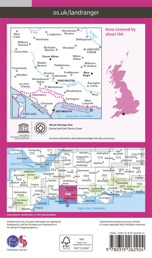 Carte topographique n° 194 - Dorchester, Weymouth (Grande Bretagne) | Ordnance Survey - Landranger carte pliée Ordnance Survey Papier 