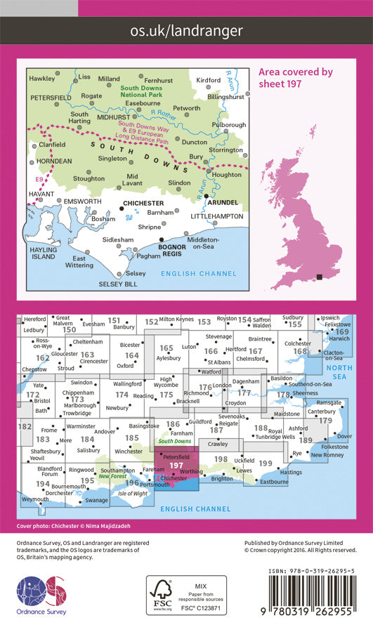 Carte topographique n° 197 - Chichester, The South Downs (Grande Bretagne) | Ordnance Survey - Landranger carte pliée Ordnance Survey Papier 