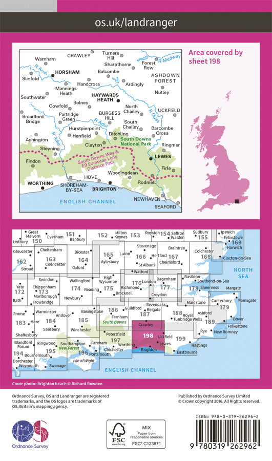 Carte topographique n° 198 - Brighton, Lewes (Grande Bretagne) | Ordnance Survey - Landranger carte pliée Ordnance Survey Papier 