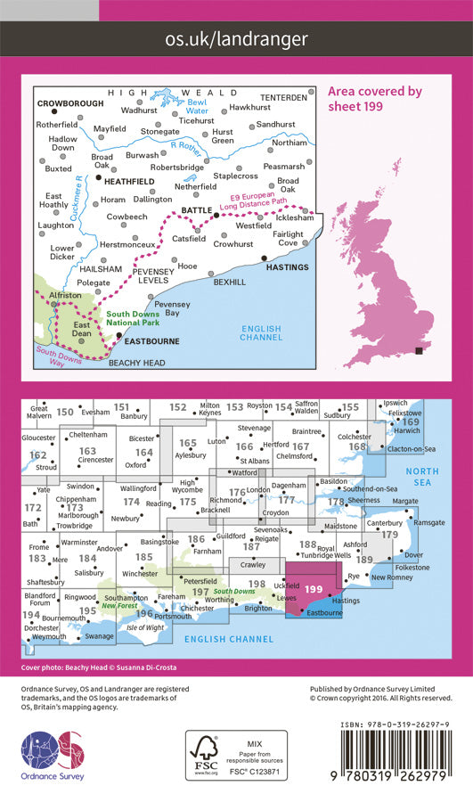 Carte topographique n° 199 - Eastbourne, Hastings (Grande Bretagne) | Ordnance Survey - Landranger carte pliée Ordnance Survey Papier 