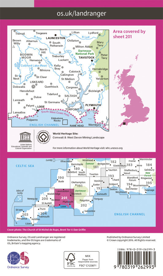 Carte topographique n° 201 - Plymouth, Launceston (Grande Bretagne) | Ordnance Survey - Landranger carte pliée Ordnance Survey Papier 