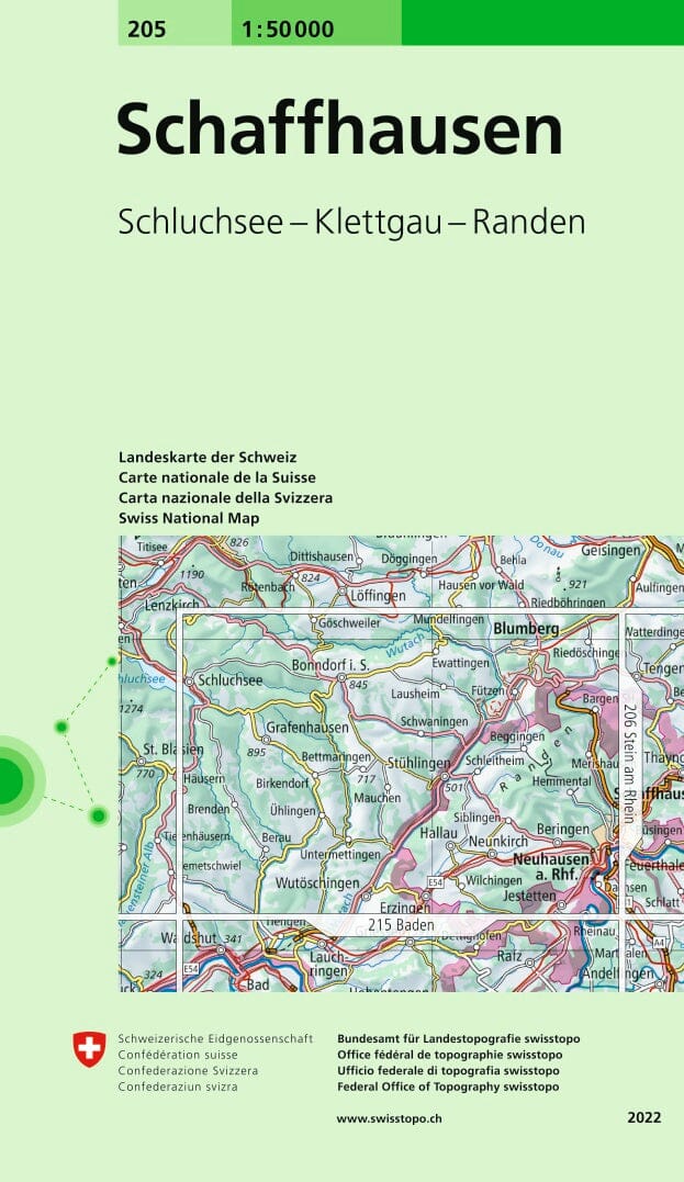 Carte topographique n° 205 - Schaffhausen (Suisse) | Swisstopo - 1/50 000 carte pliée Swisstopo 
