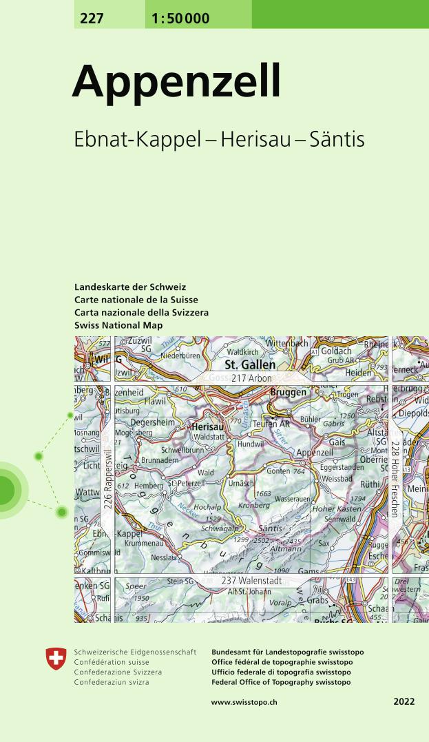 Carte topographique n° 227 - Appenzell (Suisse) | Swisstopo - 1/50 000 carte pliée Swisstopo 