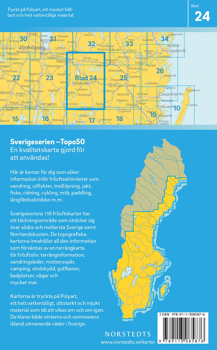 Carte topographique n° 24 - Vetlanda (Suède) | Norstedts - Sverigeserien carte pliée Norstedts 