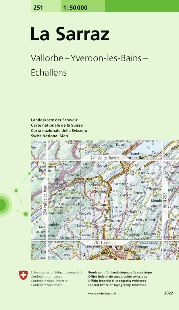Carte topographique n° 251 - La Sarraz (Suisse) | Swisstopo - 1/50 000 carte pliée Swisstopo 