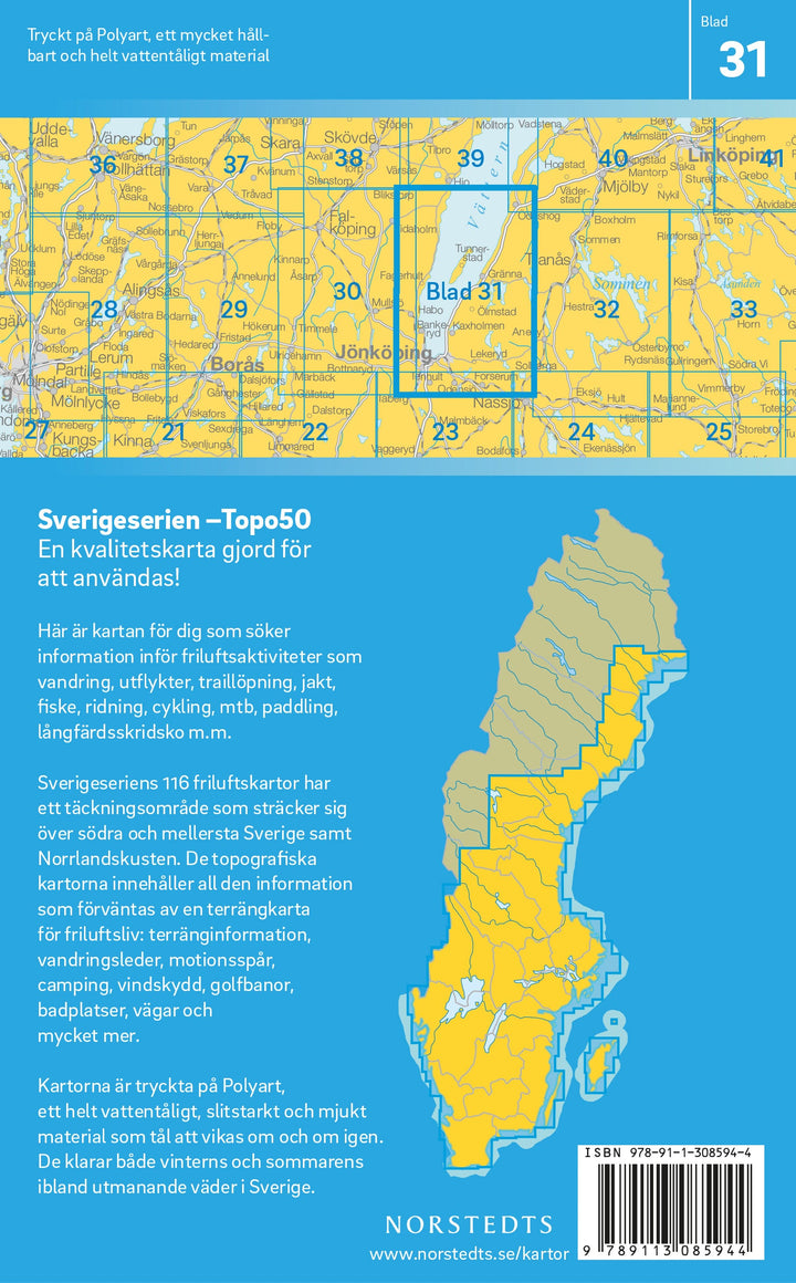 Carte topographique n° 31 - Jönköping (Suède) | Norstedts - Sverigeserien carte pliée Norstedts 