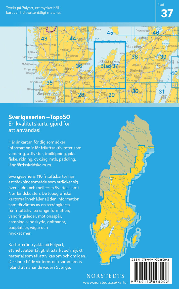 Carte topographique n° 37 - Lidköping (Suède) | Norstedts - Sverigeserien carte pliée Norstedts 