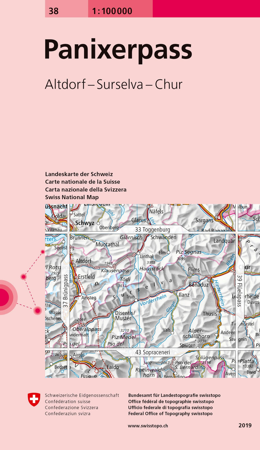 Carte topographique n° 38 - Col de Panix (région de Ilanz, Suisse) | Swisstopo - 1/100 000 carte pliée Swisstopo 