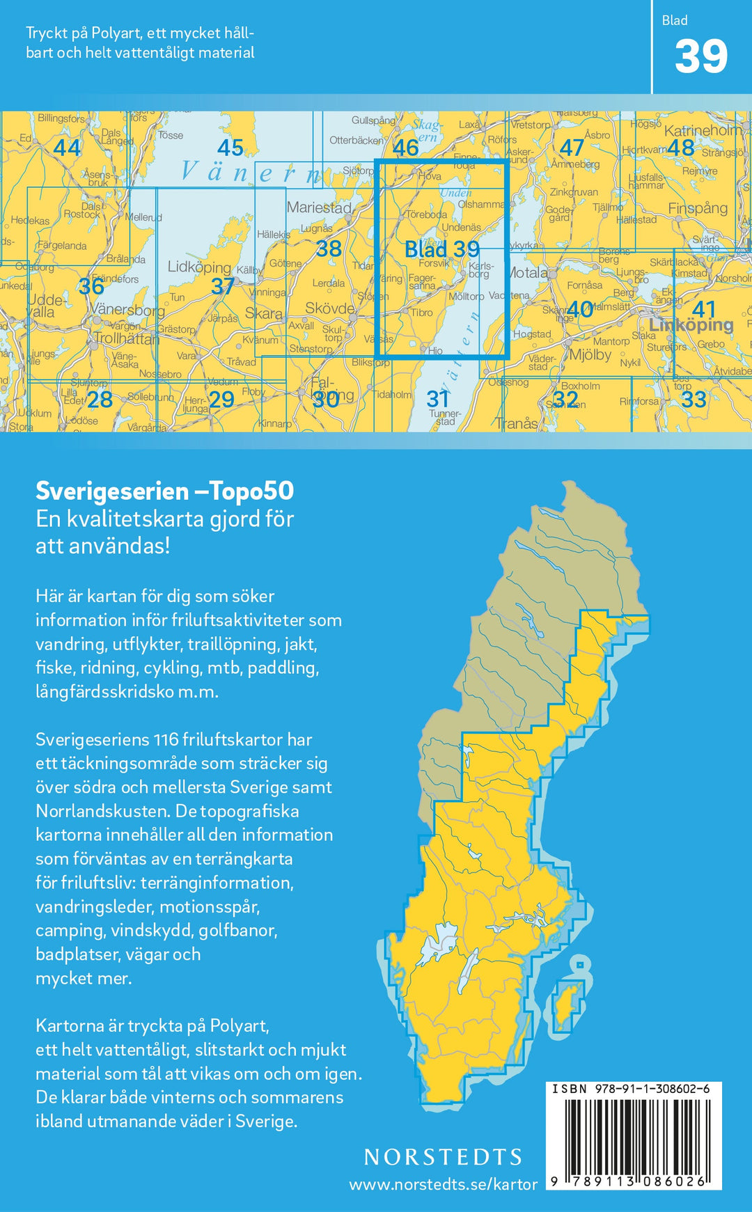 Carte topographique n° 39 - Karlsborg (Suède) | Norstedts - Sverigeserien carte pliée Norstedts 