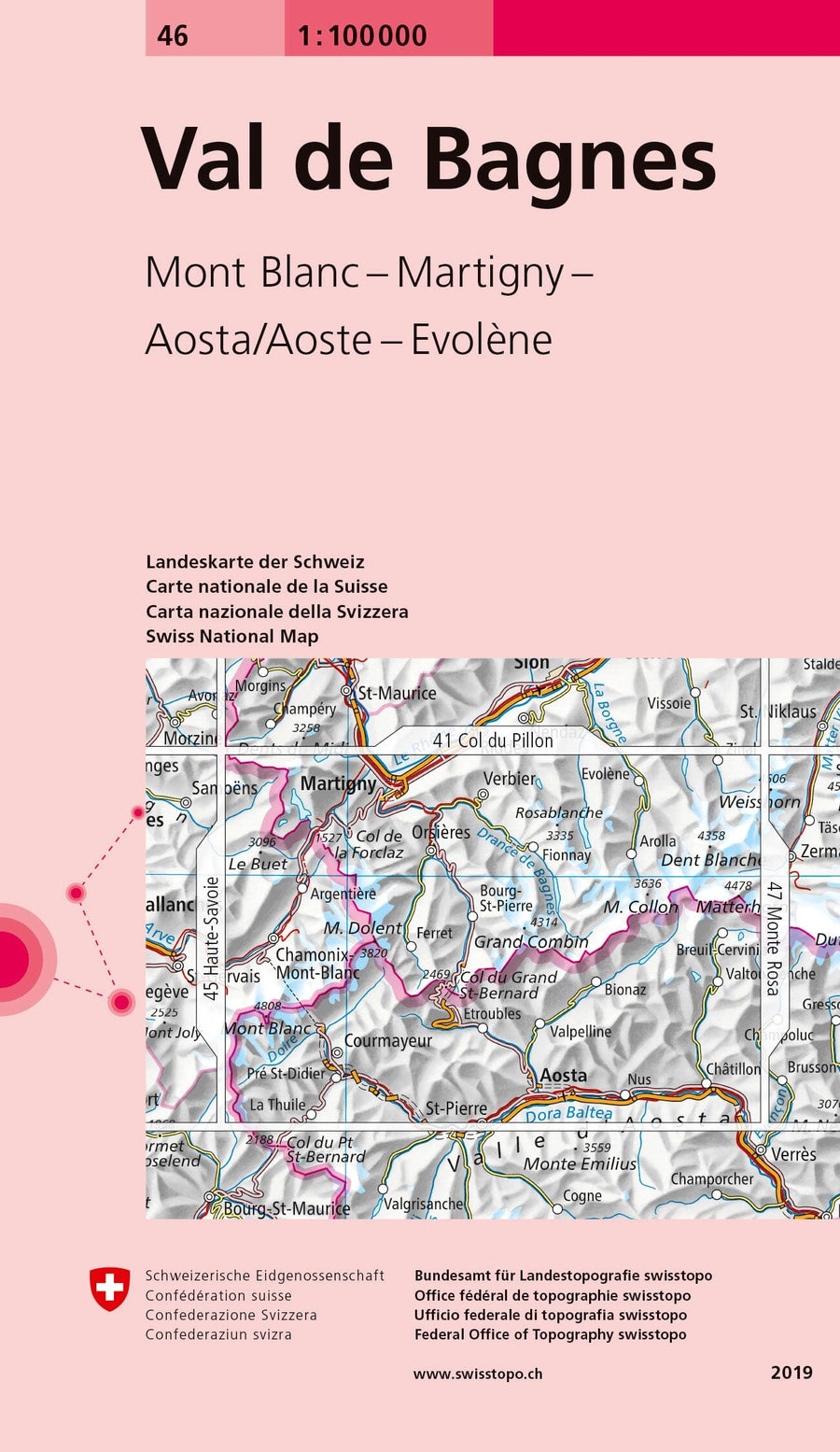 Carte topographique n° 46 - Val de Bagnes (Suisse) | Swisstopo - 1/100 000 carte pliée Swisstopo 