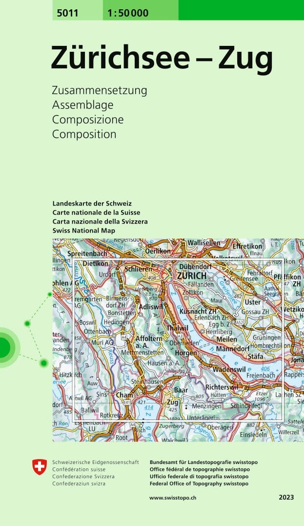 Carte topographique n° 5011 - Zürichsee, Zug (Suisse) | Swisstopo - 1/50 000 carte pliée Swisstopo 