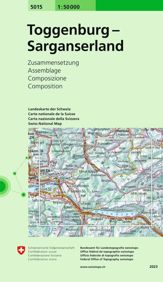 Carte topographique n° 5015 - Toggenburg, Sarganserland (Suisse) | Swisstopo - 1/50 000 carte pliée Swisstopo 