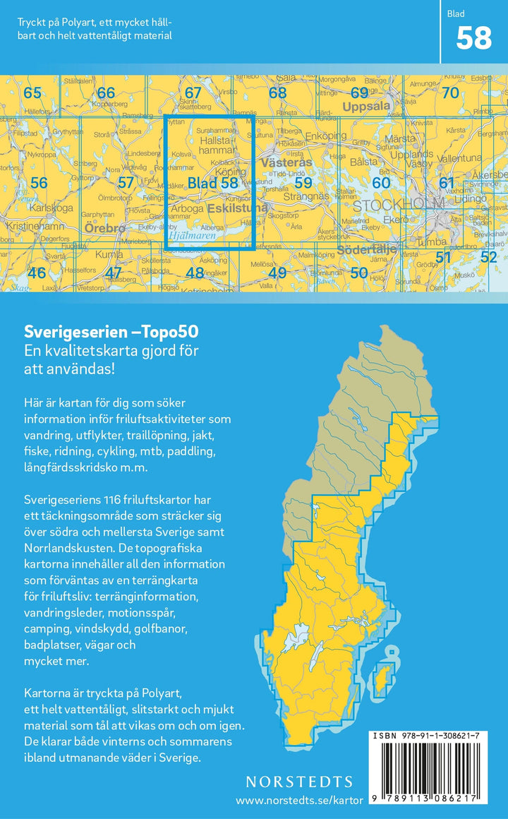 Carte topographique n° 58 - Köping (Suède) | Norstedts - Sverigeserien carte pliée Norstedts 