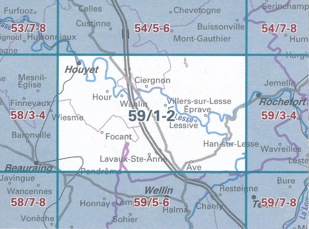 Carte topographique n° 59/1-2 - Houyet (Belgique) | NGI topo 25 carte pliée IGN Belgique 