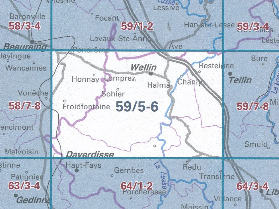 Carte topographique n° 59/5-6 - Wellin (Belgique) | NGI topo 25 carte pliée IGN Belgique 