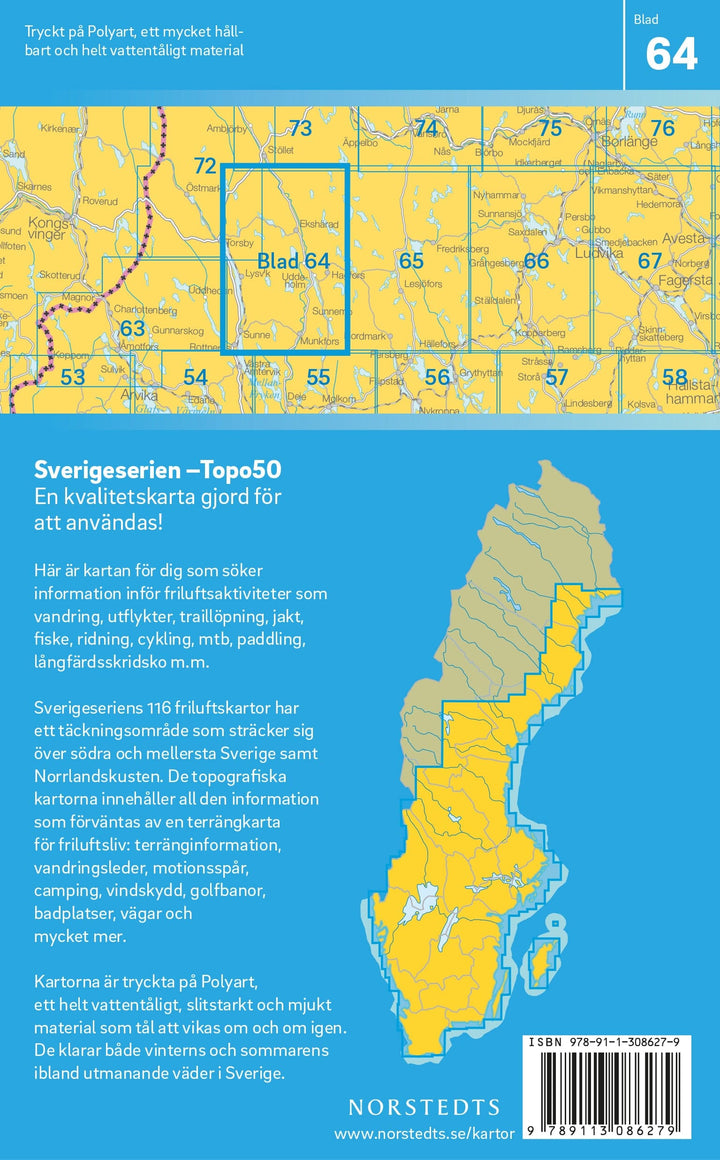Carte topographique n° 64 - Hagfors (Suède) | Norstedts - Sverigeserien carte pliée Norstedts 