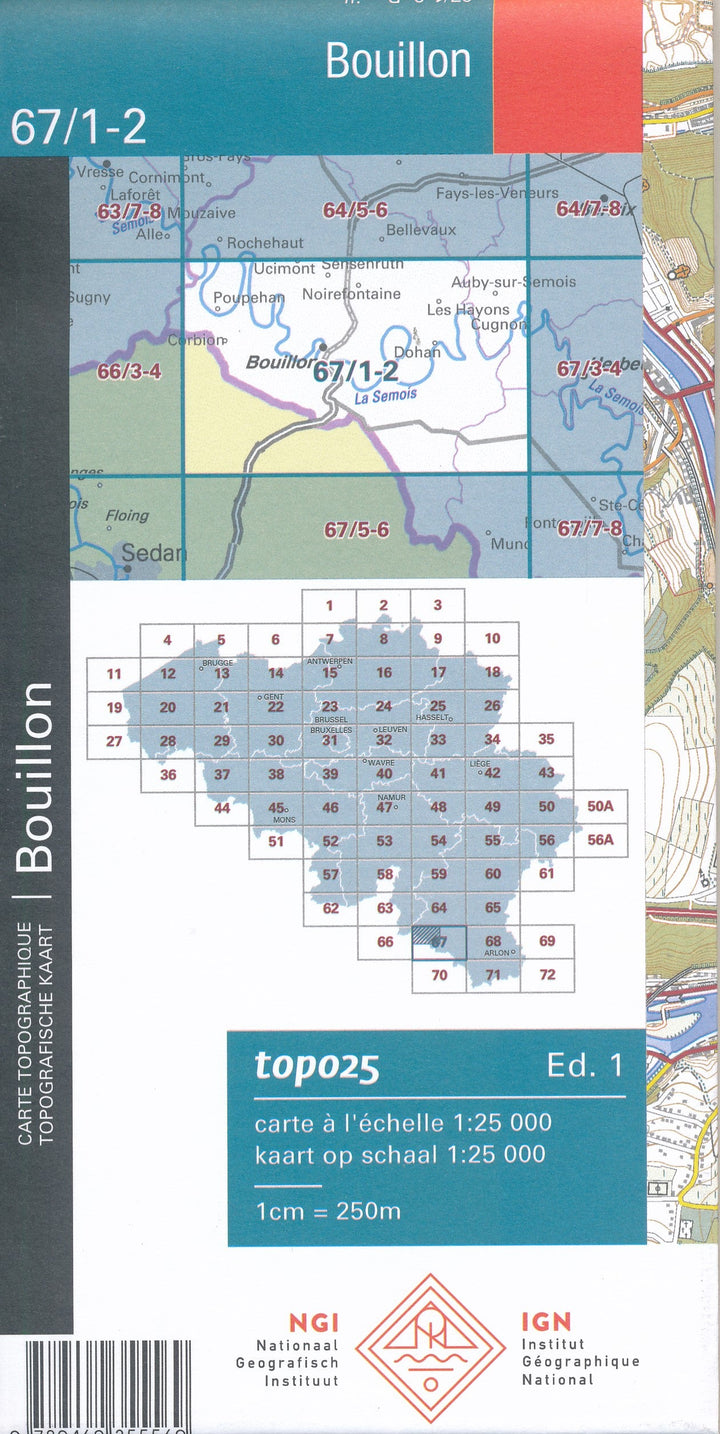 Carte topographique n° 67/1-2 - Bouillon (Belgique) | NGI topo 25 carte pliée IGN Belgique 