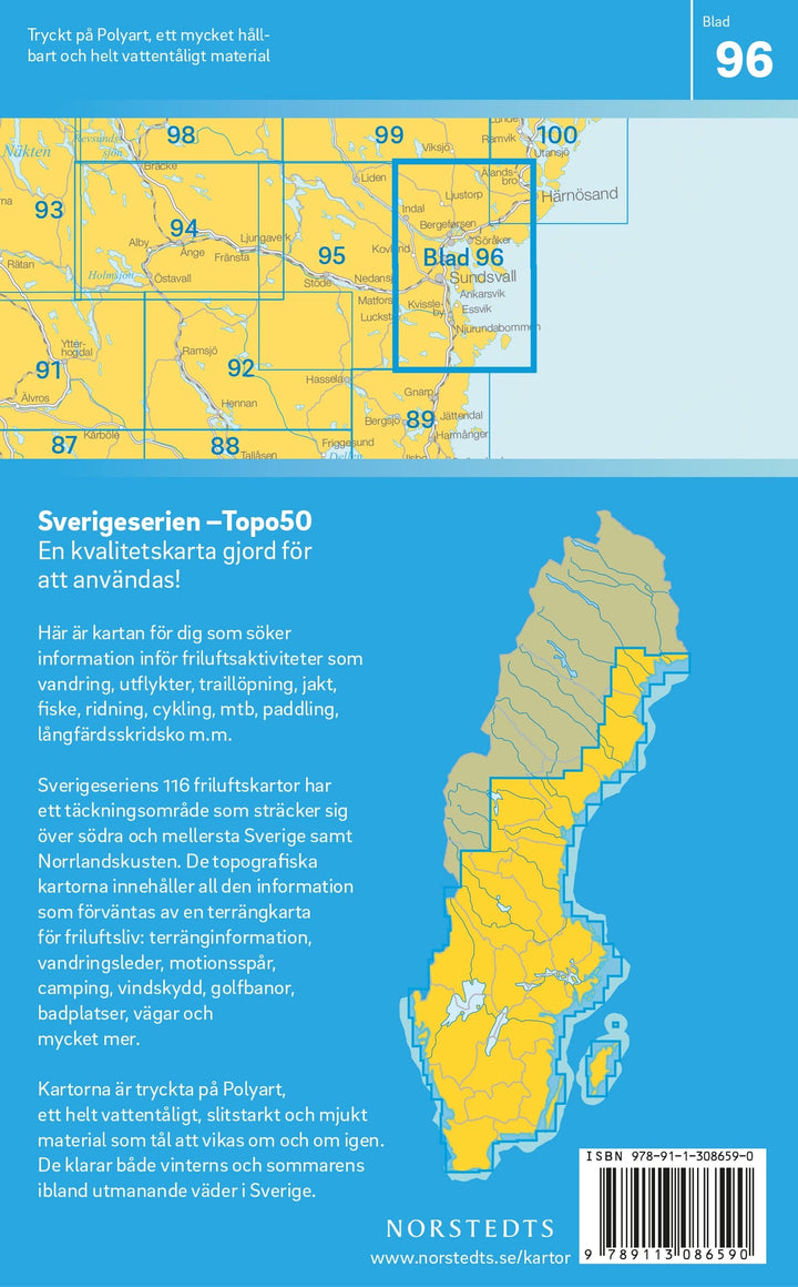 Carte topographique n° 96 - Sundsvall (Suède) | Norstedts - Sverigeserien carte pliée Norstedts 
