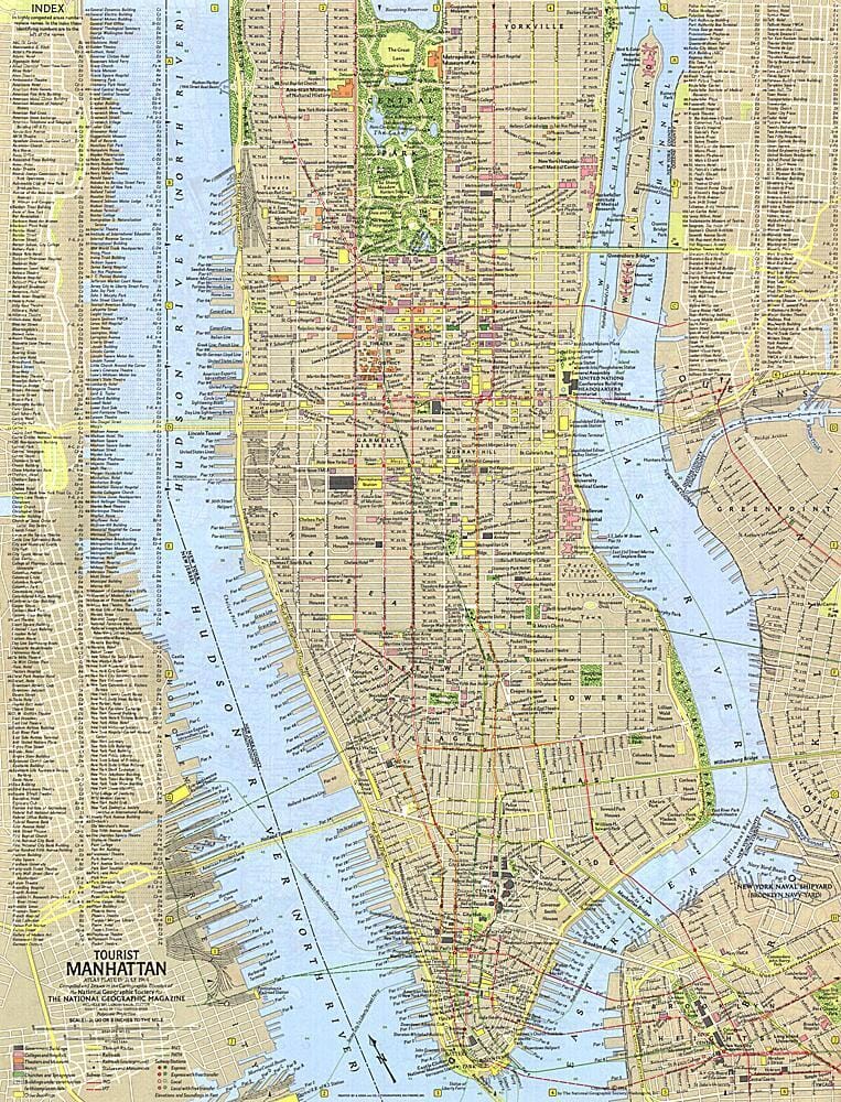 1964 Tourist Manhattan Map Wall Map 