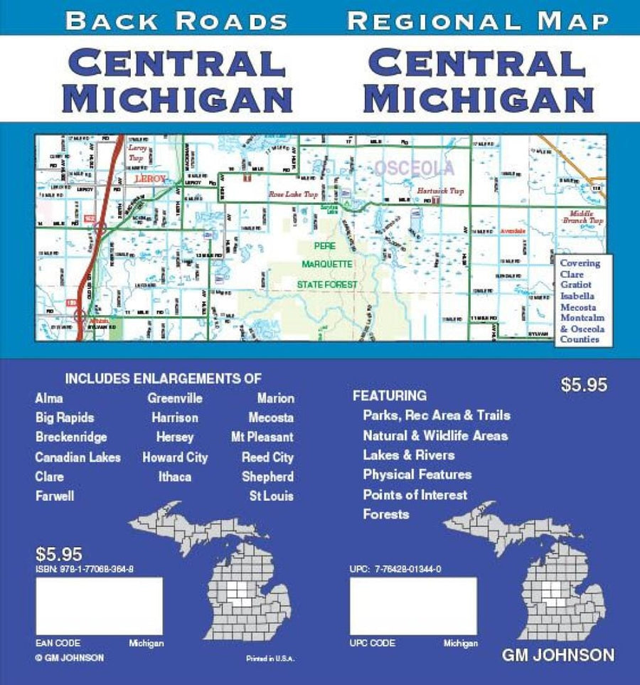 Central Michigan : regional map = Central Michigan : back roads | GM Johnson carte pliée 