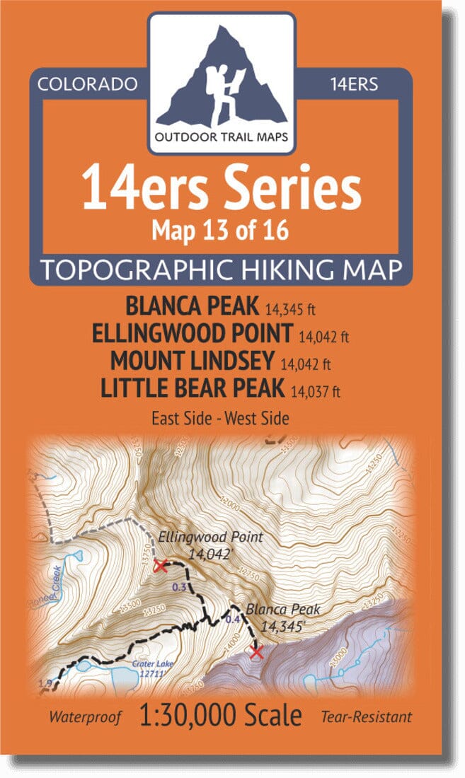 Colorado 14ers Map Series 13 of 16 - Blanca, Ellingwood, Lindsey, Little Bear (East and West) | Outdoor Trail Maps LLC carte pliée 