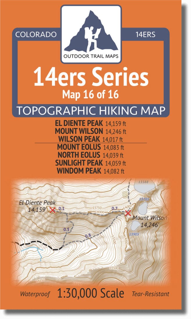 Colorado 14ers Map Series 16 of 16 - El Diente, Wilson, Wilson | Eolus, North Eolus, Sunlight, Windom | Outdoor Trail Maps LLC carte pliée 