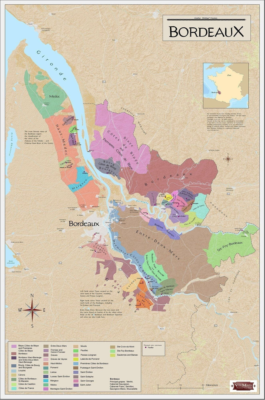 France - Bordeaux - Wine Region | Vinmaps Wall Map Paper 