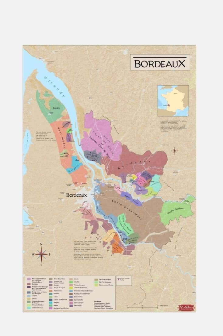France - Bordeaux - Wine Region | Vinmaps Wall Map Canvas 