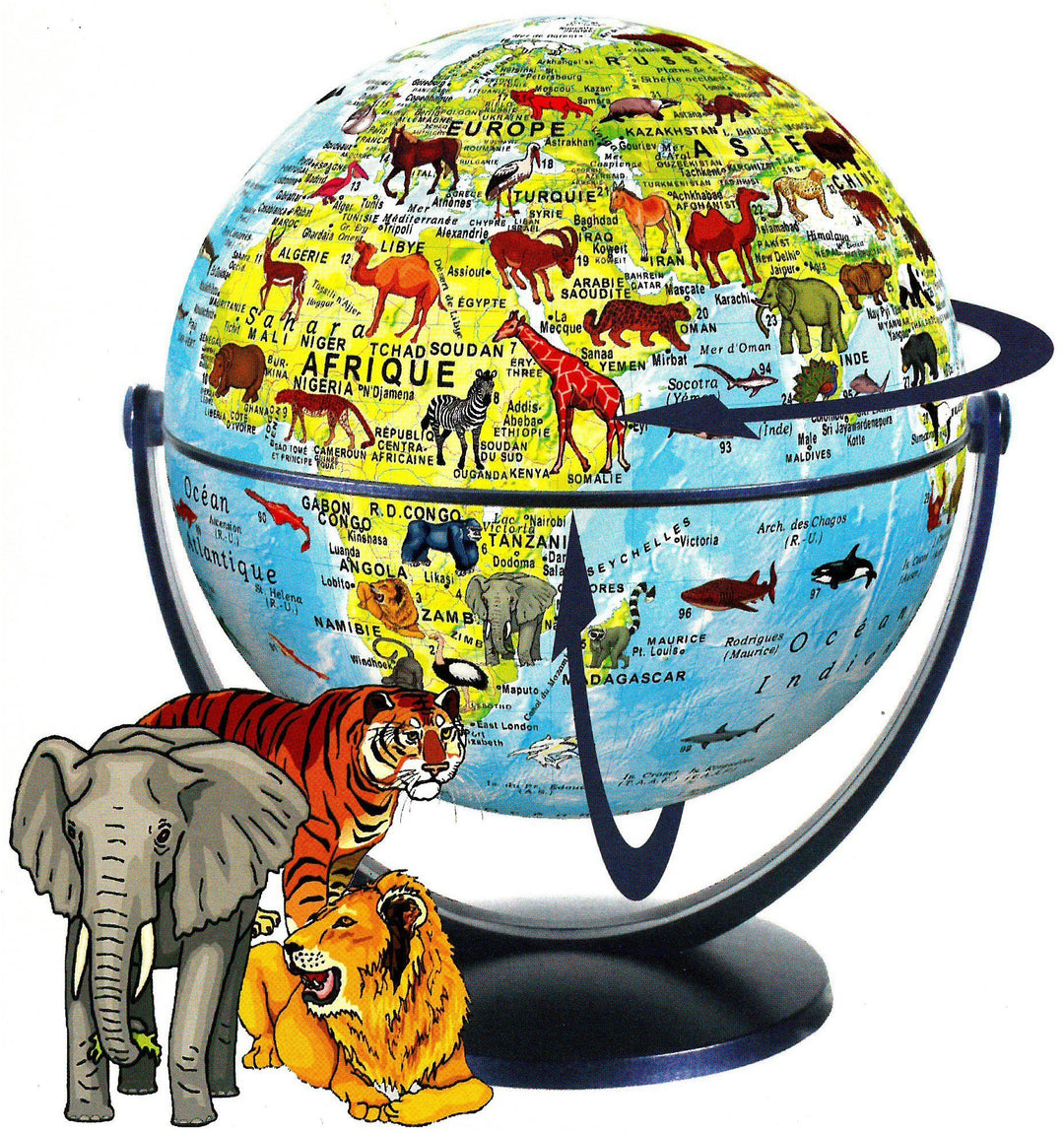 Globe pour enfants, tournant & basculant - Animaux du monde (15 cm