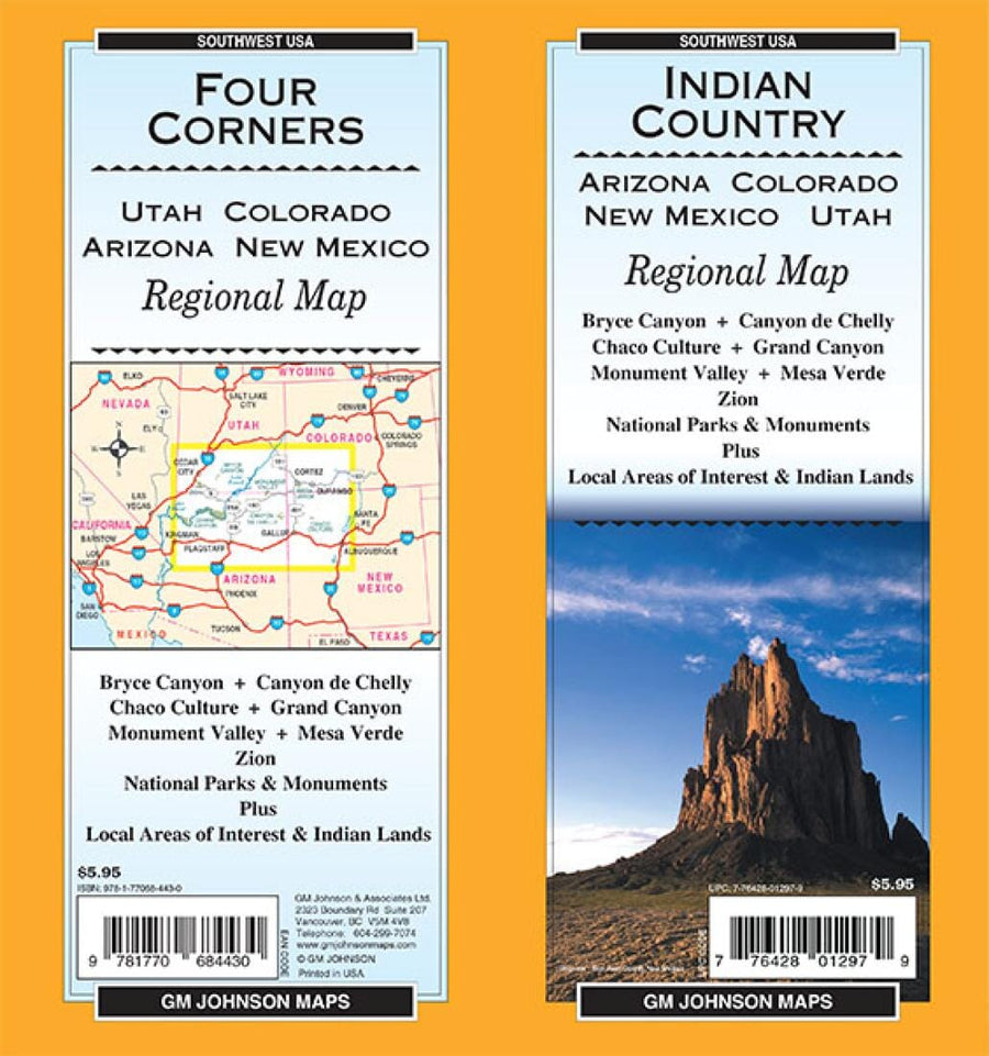 Indian Country : Arizona : Colorado : New Mexico : Utah : regional map : southwest USA = Four Corners : Utah : Colorado : Arizona : New Mexico : regional map : southwest USA | GM Johnson carte pliée 