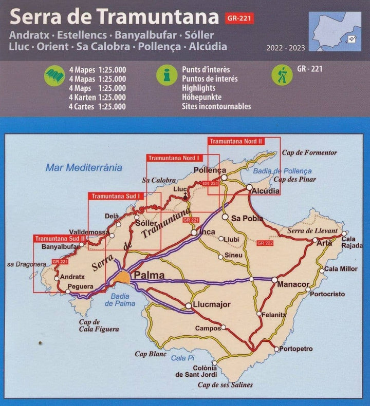 Lot de 4 Cartes de randonnée (imperméables) - Serra de Tramuntana , GR221 (Majorque, Baléares) | Alpina carte pliée Editorial Alpina 