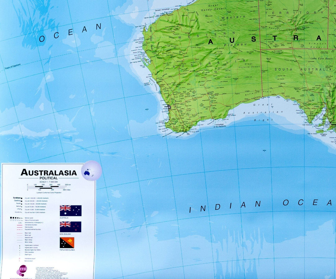 Carte murale plastifiée – Australasie politique (en anglais) – 120 x 100 cm | Maps International - La Compagnie des Cartes