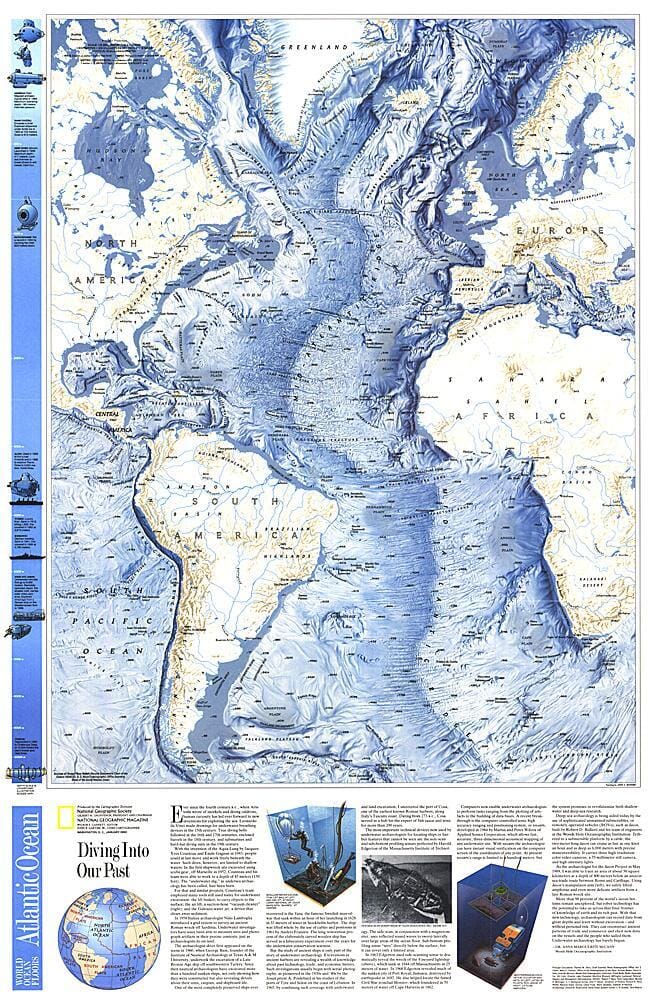 1990 World Ocean Floors, Atlantic Ocean Map Wall Map 