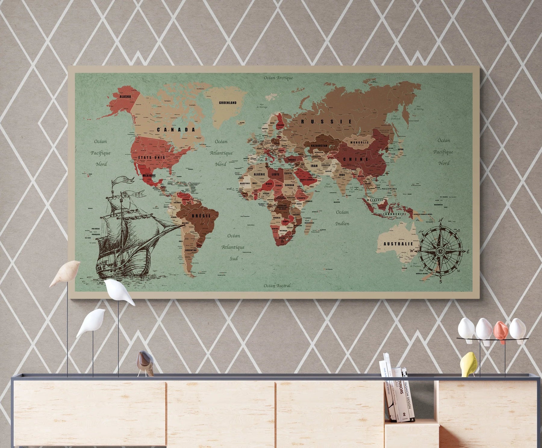 Affiche Carte du monde 2022 style vintage, World map (planisphère en  Français) 70 cm x 50 cm