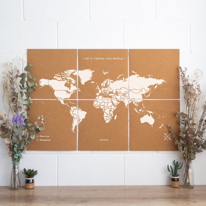 Puzzle / Carte du monde en liège - couleur naturelle, impression blanc | Miss Wood carte murale grand tube Miss Wood XL - 90 x 60 cm (6 pièces) 