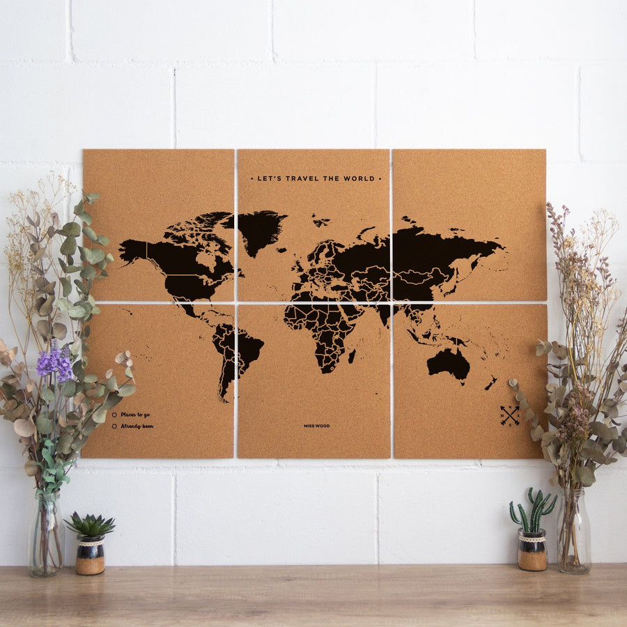 Puzzle / Carte du monde en liège - couleur naturelle, impression noir | Miss Wood carte murale grand tube Miss Wood XL - 90 x 60 cm (6 pièces) 