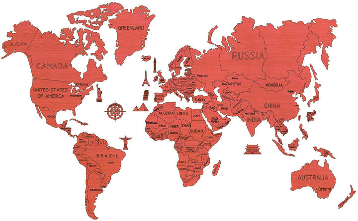 Puzzle en bois - Carte du monde, à monter soi-même - couleur rouge corail | Wooden City carte murale grand tube Wooden City XL (120 x 80 cm) 