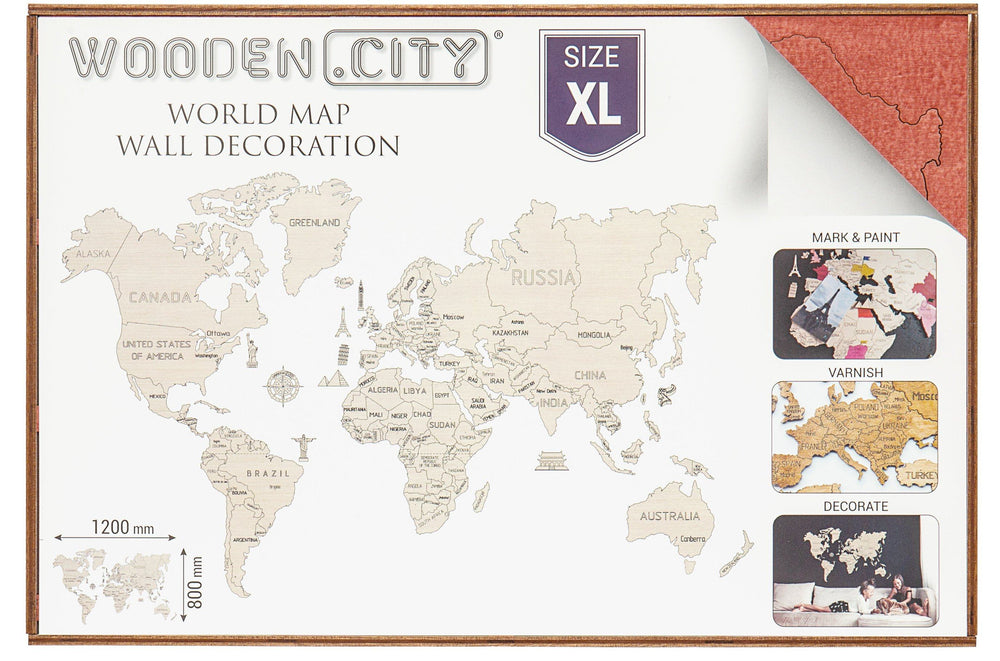 Puzzle en bois - Carte du monde, à monter soi-même - couleur rouge corail | Wooden City carte murale grand tube Wooden City 