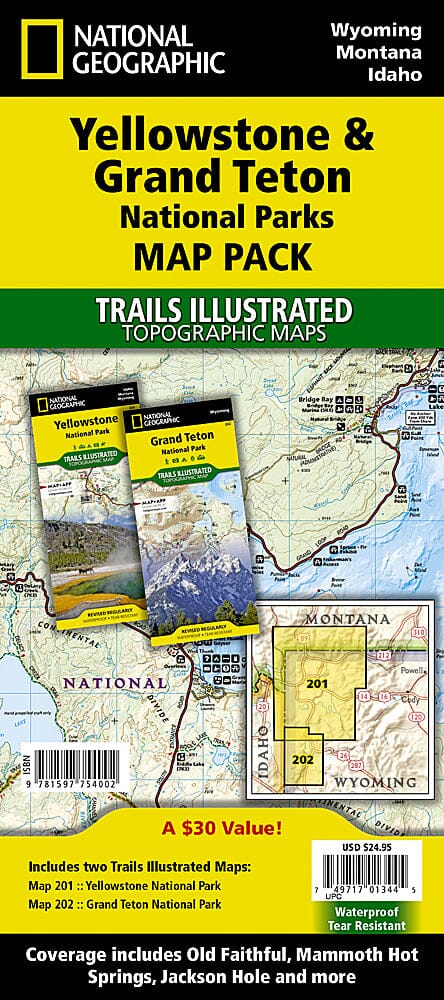 Trails Map of Yellowstone & Grand Teton National Parks (Wyoming, Montana & Idaho), # 201, 202 (Pack Bundle) | National Geographic carte pliée National Geographic 