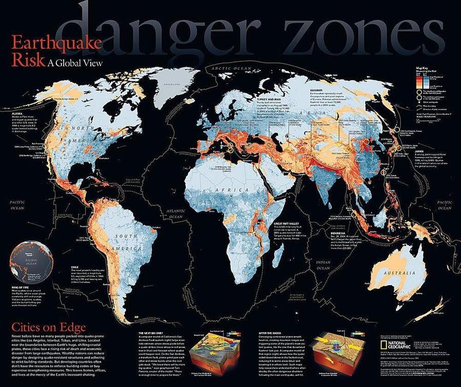 2006 Danger Zones, Earthquake Risk, a Global View Wall Map 